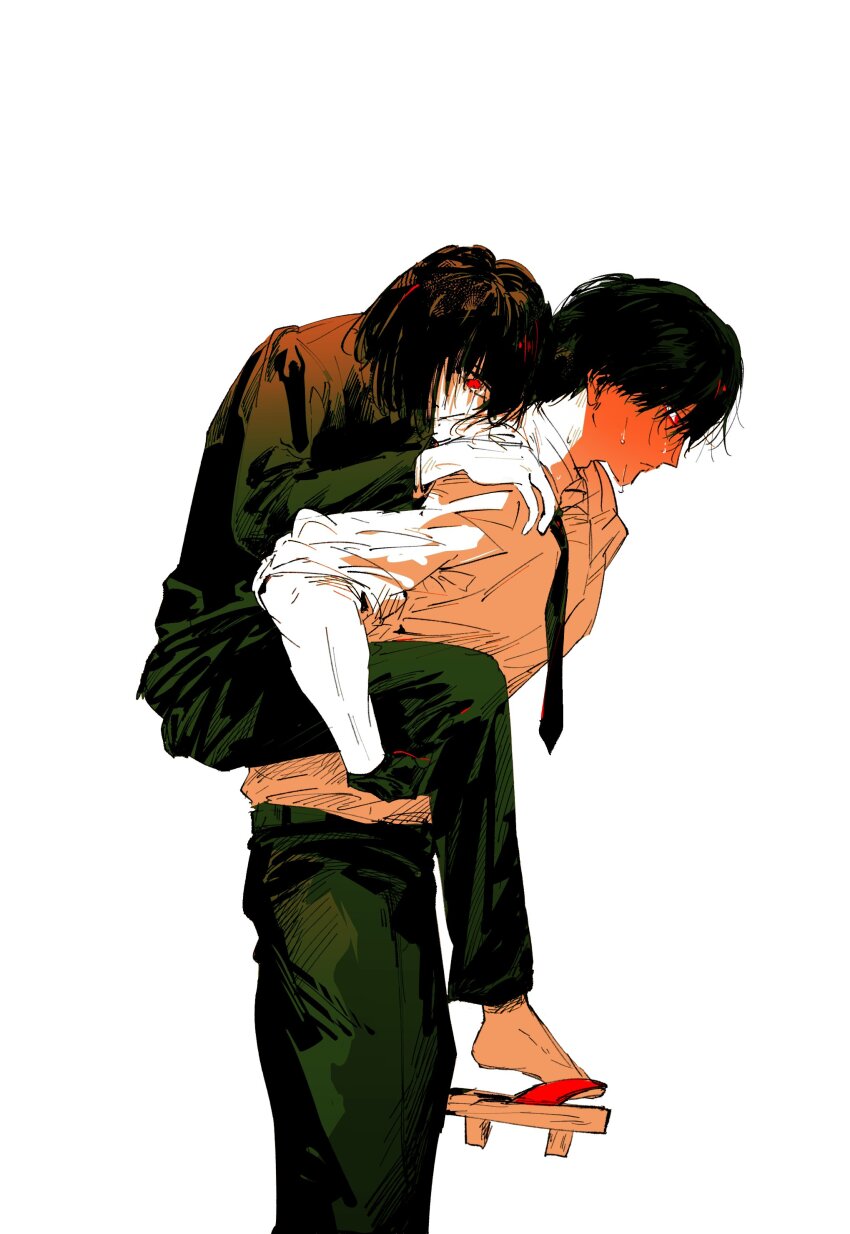 2boys, absurdres, belt, black_gloves, black_hair, black_necktie, black_pants, carrying