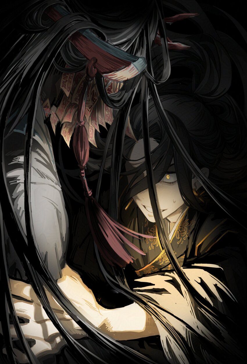 1boy, 1girl, absurdres, bakku_(fspz4427), black_hair, black_hanfu, chinese_clothes, clenched_teeth, earrings, gold_earrings, grabbing_another's_arm, grin, hanfu, high_ponytail, highres, jewelry, jinhongi, korean_commentary, long_hair, long_sleeves, looking_at_another, mita_(jinhongi), ofuda, ponytail, smile, sweatdrop, tassel, teeth, wide_sleeves, yellow_eyes, zaha