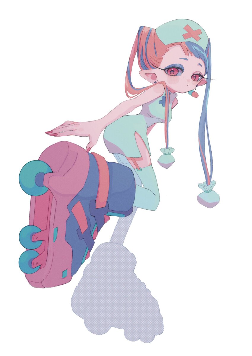 1girl, blue_footwear, blue_hair, chuchu_(kung-fu-piggy), commentary, dress, garter_straps, hat