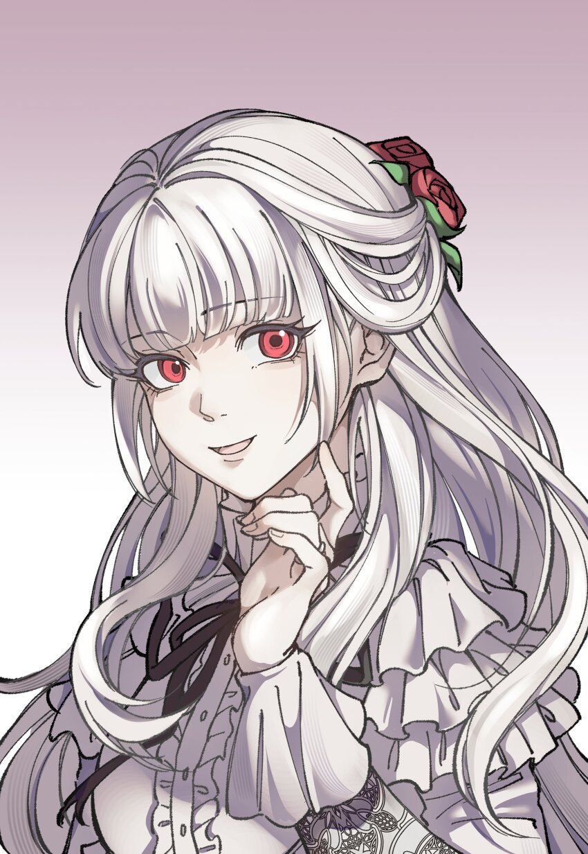 1girl, :d, absurdres, albino, black_ribbon, fata_morgana_no_yakata, flower, gradient_background