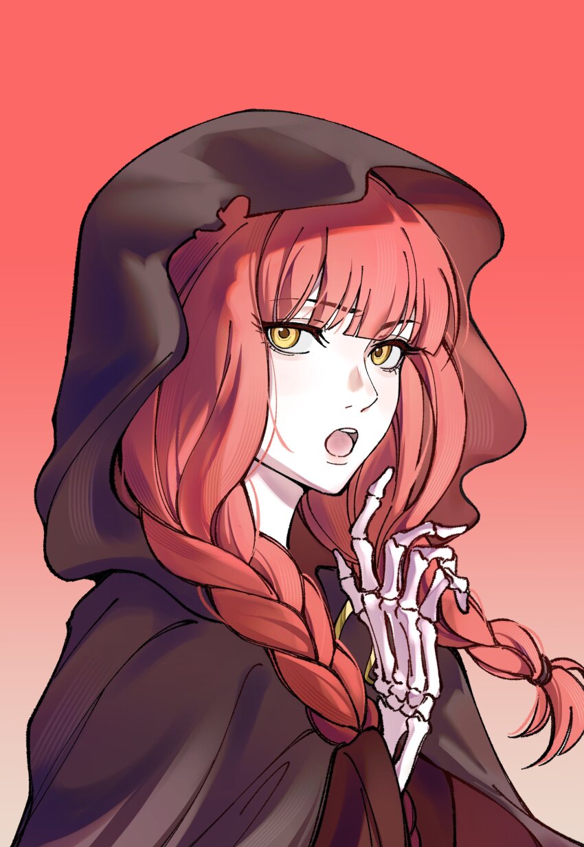 1girl, :o, absurdres, blunt_bangs, braid, cloak, fata_morgana_no_yakata, gradient_background