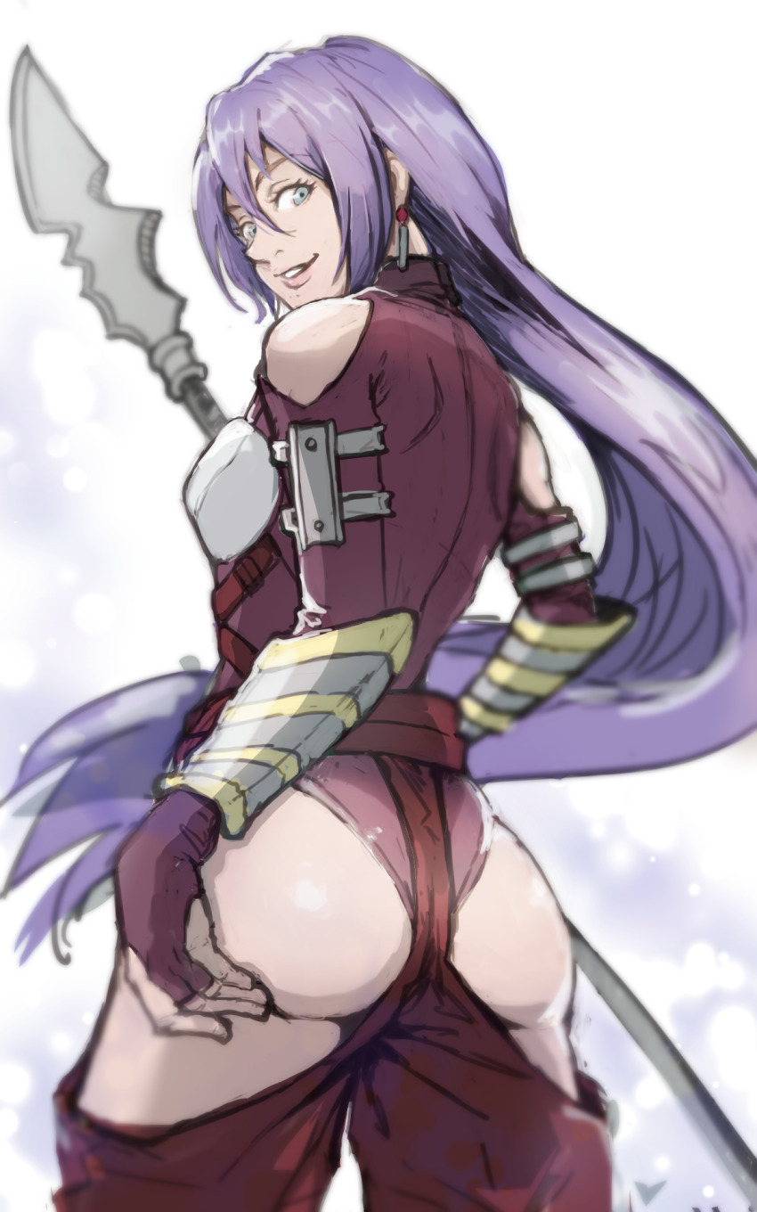 amane_towa, arthur_pencilgon_(shangri-la_frontier), ass, breasts, earrings, grey_eyes, hair_between_eyes, hand_on_own_ass