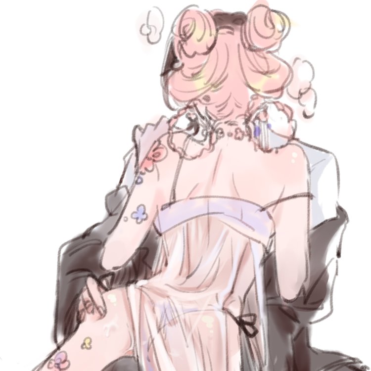 1boy, 1girl, arm_tattoo, bare_arms, binglanxianqi, black_hair, black_ribbon, black_robe, bra, braid, braided_hair_rings, chinese_clothes, choker, cowboy_shot, double_bun, dress, fingernails, flower_choker, flower_tattoo, from_behind, girl_on_top, hair_bun, hair_rings, hand_on_another's_ass, hanfu, hetero, implied_kiss, leg_tattoo, long_dress, nikki_(nikki), nikki_(series), panties, pink_hair, puff_of_air, qin_yi_(shining_nikki), ribbon, robe, robe_partially_removed, see-through_clothes, see-through_dress, shining_nikki, short_hair, shoulder_tattoo, side_slit, simple_background, strap_slip, tattoo, underwear, waist_ribbon, white_background, white_bra, white_dress, white_hanfu, white_panties