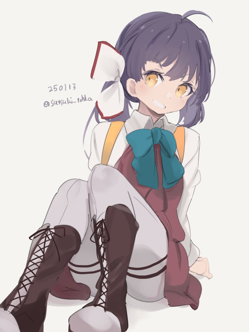 1girl, blue_bow, blue_bowtie, blush, boots, bow, bowtie, collared_shirt