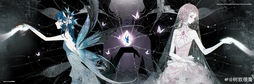 1boy, 1girl, absurdres, bare_shoulders, black_background, blue_dress, blue_hair, blue_wings