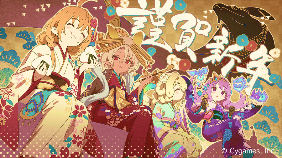 4girls, blonde_hair, breasts, chinese_text, closed_eyes, closed_mouth, floating, floating_hair