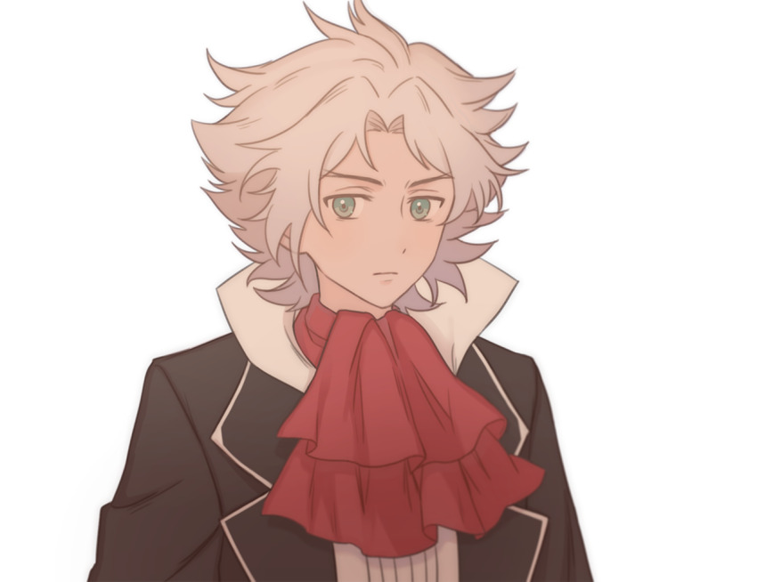 1boy, ascot, black_jacket, classicaloid, closed_mouth, commentary, expressionless, green_eyes