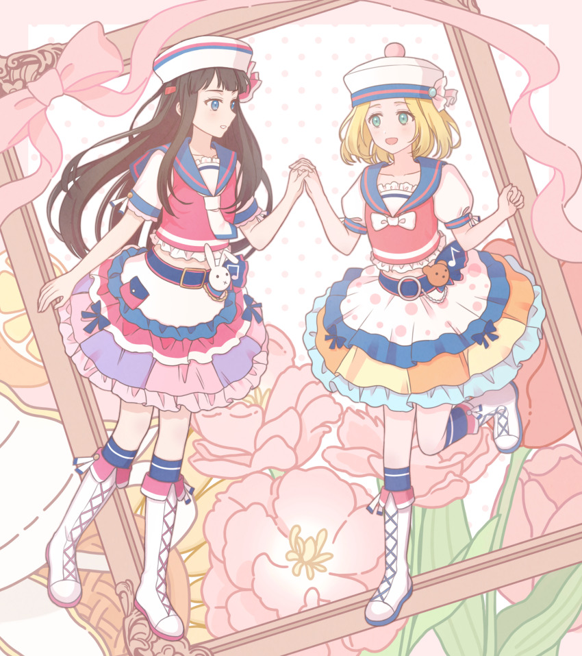 2girls, belt, black_hair, blonde_hair, blue_belt, blue_eyes, blue_socks, border