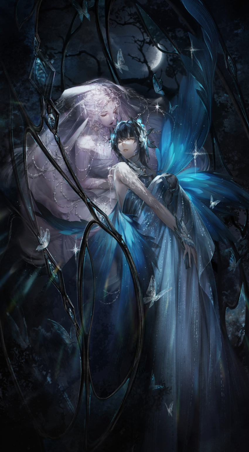 1boy, 1girl, absurdres, bare_arms, bare_shoulders, black_hair, blue_butterfly, blue_wrist_cuffs