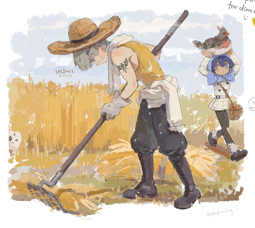 2boys, 4sssst, animal, apple, arm_tattoo, arms_up, basket, bird