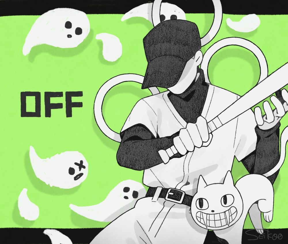 <|>_<|>, 1boy, add-on_(off), animal, arms_up, baseball_bat, baseball_cap, baseball_uniform, belt, belt_buckle, buckle, cat, commentary_request, copyright_name, faceless, faceless_male, fangs, ghost, grin, hat, holding, holding_baseball_bat, holding_weapon, layered_clothes, layered_sleeves, letterboxed, long_sleeves, looking_at_another, male_focus, off_(game), pants, seikoo_caffeine, shirt_tucked_in, short_over_long_sleeves, short_sleeves, smile, spectre_(off), sportswear, teeth, the_batter_(off), the_judge_(off), turtleneck, twitter_username, weapon