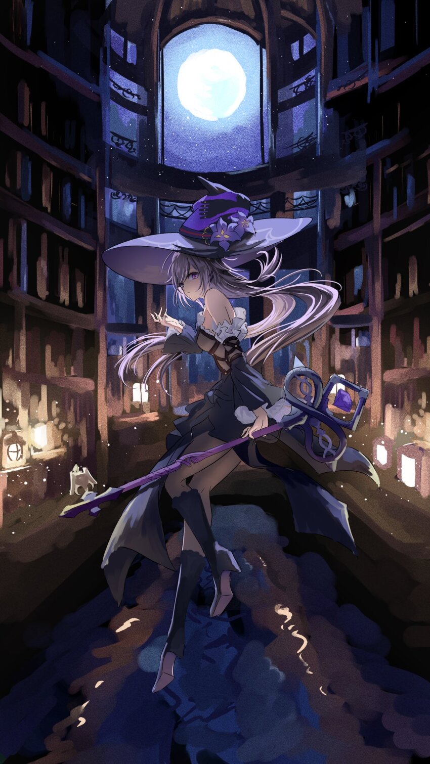 1girl, black_boots, bookshelf, boots, brown_hair, brown_pantyhose, detached_sleeves, floating_hair