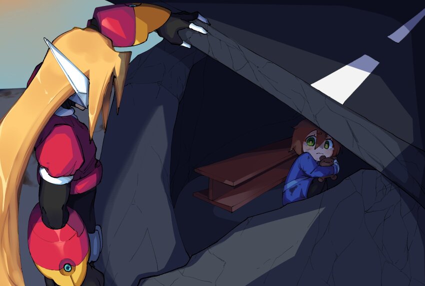 1boy, 1girl, aile_(mega_man_zx), armor, blonde_hair, brown_hair, child, ghosty_entity, girouette_(mega_man), green_eyes, highres, holding, holding_stuffed_toy, long_hair, mega_man_(series), mega_man_zx, model_z_(mega_man), power_armor, red_armor, short_hair, stuffed_toy