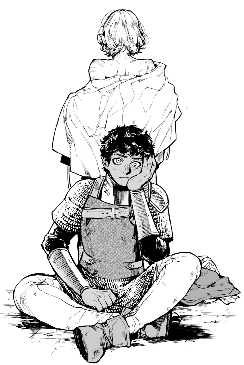 2boys, armor, back, chainmail, curly_hair, dahlio, dark-skinned_male, dark_skin