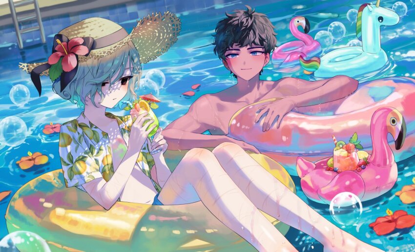 2boys, afloat, androgynous, bags_under_eyes, black_eyes, black_hair, blue_eyes, blush