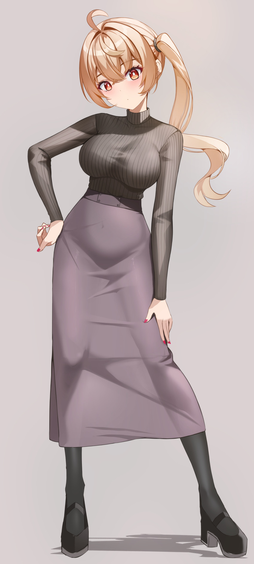 1girl, absurdres, ahoge, black_pantyhose, black_shoes, black_sweater, blonde_hair, blush