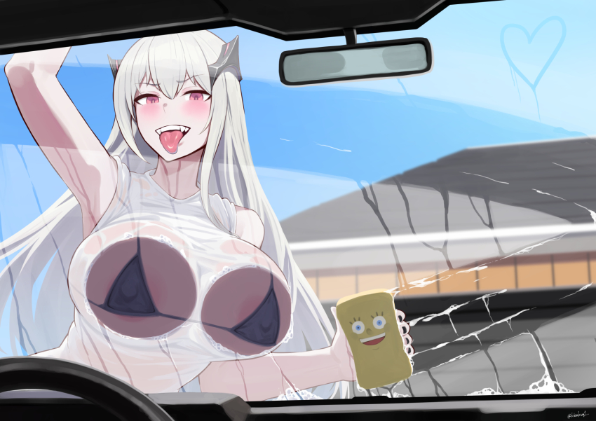 1girl, against_glass, beak_(girls'_frontline), bikini, bikini_top_only, black_bikini, blush, breast_press, breasts, breasts_on_glass, commentary, commission, covered_erect_nipples, english_commentary, fangs, girls'_frontline, grey_hair, heart, highres, holding, holding_sponge, kion-kun, large_breasts, long_hair, looking_at_viewer, open_mouth, outdoors, pink_eyes, see-through_clothes, shirt, solo, sponge, spongebob_squarepants, spongebob_squarepants_(series), swimsuit, teeth, tongue, upper_teeth_only, washing_vehicle, wet, wet_clothes, wet_shirt