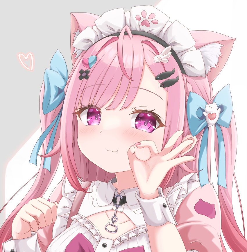 1girl, :t, absurdres, ahoge, animal_ears, bandaid, bandaid_hair_ornament, black_choker, blue_bow, blush, bow, breasts, cat_choker, cat_ears, cat_girl, choker, choro_star, cleavage_cutout, closed_mouth, clothing_cutout, crossed_bandaids, dress, female_focus, fingernails, fish_hair_ornament, ghost_hair_ornament, hair_bow, hair_ornament, hairclip, heart, heart_hair_ornament, highres, indie_virtual_youtuber, long_hair, looking_at_viewer, maid, maid_headdress, nail_polish, o-ring, o-ring_choker, ok_sign, paw_print, pink_bow, pink_dress, pink_eyes, pink_hair, pink_nails, smile, solo, two_side_up, virtual_youtuber, white_background, white_wrist_cuffs, wing_hair_ornament, wrist_cuffs, yuuki_sakuna, yuuki_sakuna_(1st_costume)