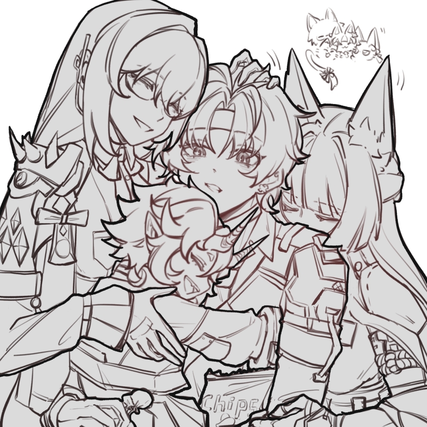 1boy, 2646241897, 3girls, animal_ear_fluff, animal_ears, armor, asaba_harumasa, asaba_harumasa_(cat)