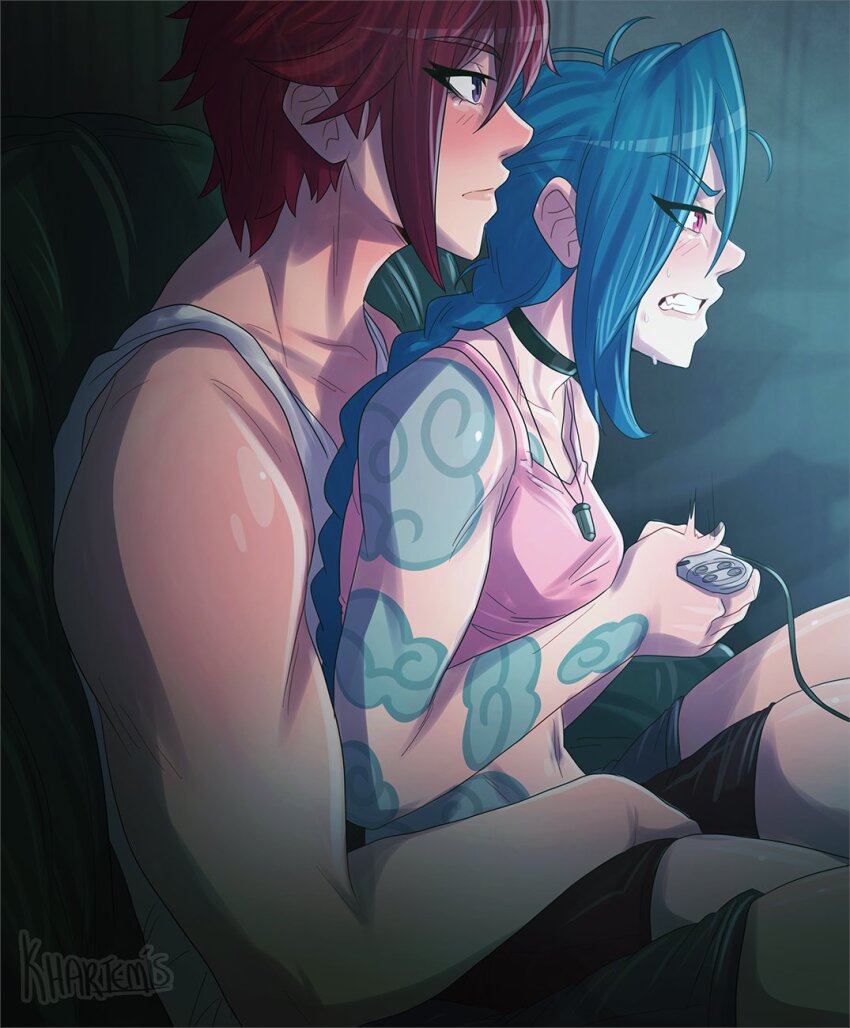 2girls, artist_name, black_choker, black_shorts, blush, casual, choker, clenched_teeth, closed_mouth, cloud_tattoo, controller, crop_top, fingering, fingering_from_behind, fingering_through_clothes, from_side, game_controller, green_hair, highres, holding, holding_controller, holding_game_controller, incest, jinx_(league_of_legends), khartemis, league_of_legends, messy_hair, multiple_girls, on_lap, pink_eyes, pink_shirt, red_hair, shiny_skin, shirt, short_hair, shorts, siblings, sisters, sitting, super_nintendo_controller, tattoo, teeth, through_clothes, vi_(league_of_legends)
