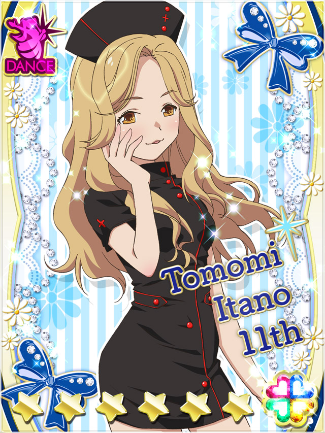 1girl, akb0048, black_dress, black_hat, brown_eyes, brown_hair, card_(medium), character_name