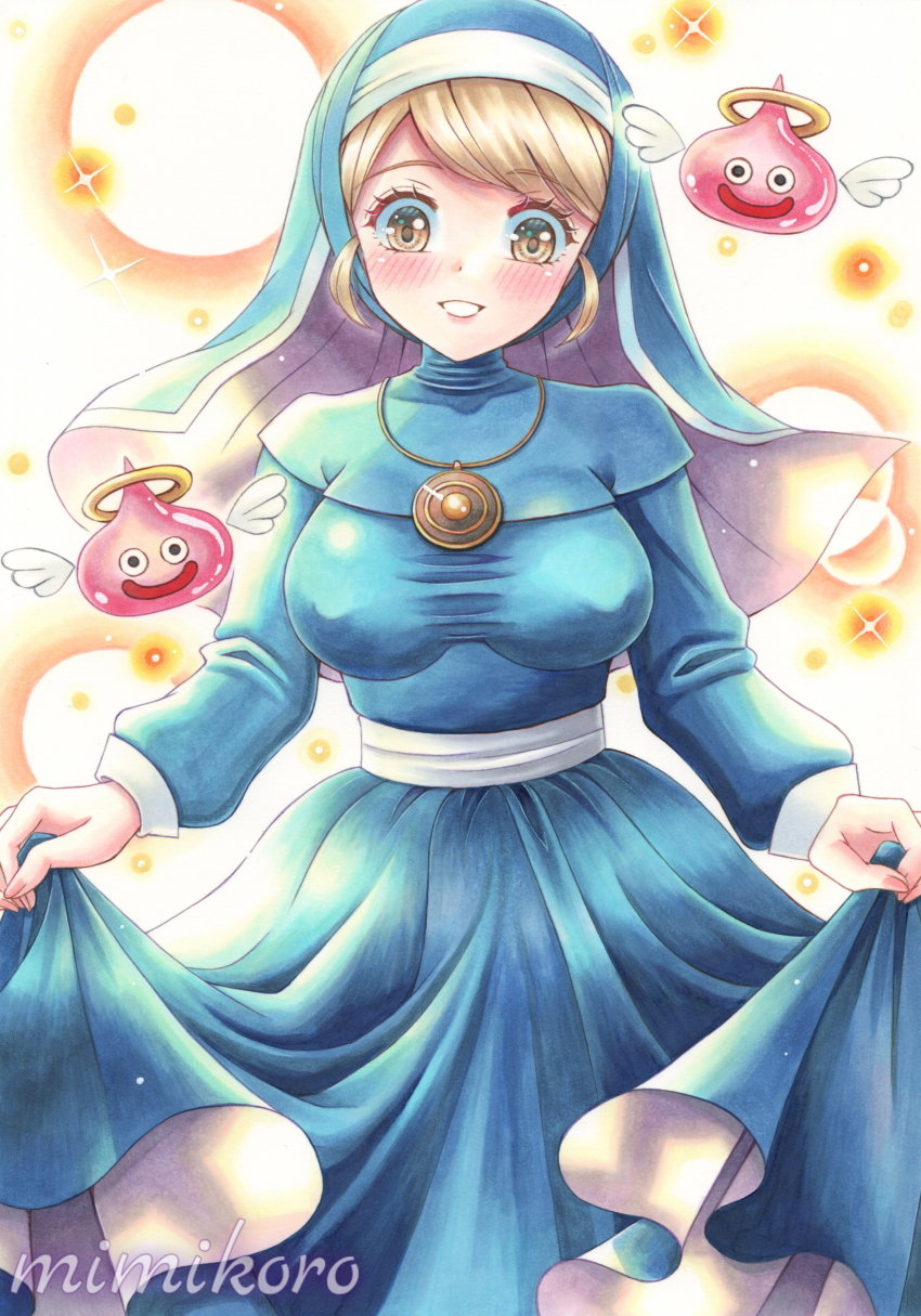 1girl, 2others, absurdres, angel_slime, artist_name, bishie_sparkle, blonde_hair, blue_robe