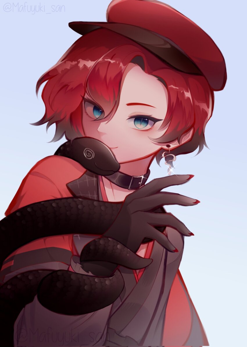 1boy, alternate_costume, bishounen, black_choker, black_gloves, black_snake, blue_eyes, choker