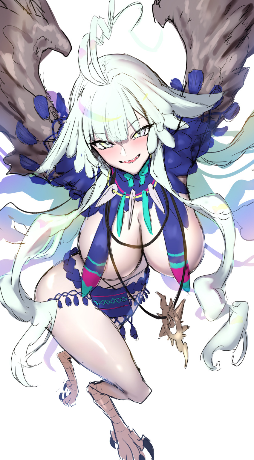 1girl, absurdres, bare_shoulders, bird_legs, blue_loincloth, blush, breasts, fate/grand_order, fate_(series), harpy, highres, jewelry, large_breasts, long_hair, looking_at_viewer, louhi_(fate), louhi_(third_ascension)_(fate), monster_girl, necklace, open_mouth, sharp_teeth, shiroshisu, smile, solo, teeth, white_eyes, winged_arms, wings