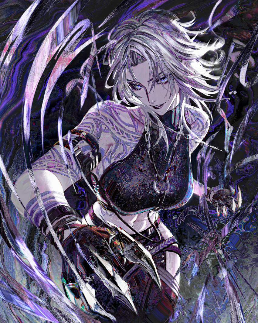 1girl, arm_tattoo, armlet, bare_shoulders, black_gloves, black_lips, black_pants, blue_eyes