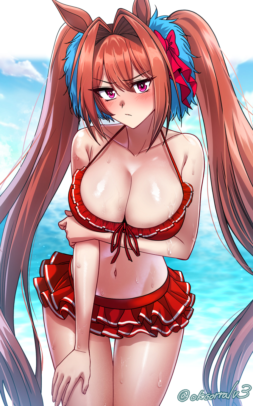 1girl, absurdres, animal_ears, bare_shoulders, bikini, bikini_skirt, bow, breasts