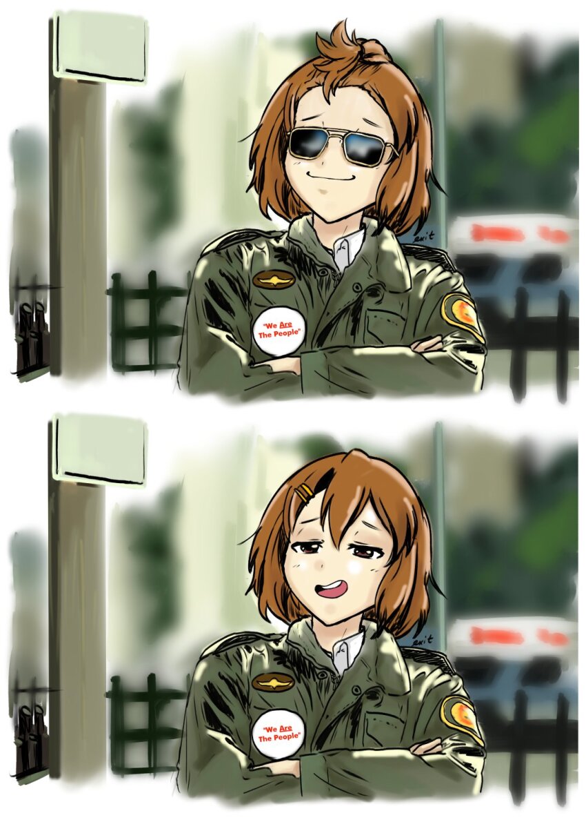 badge, button_badge, cosplay, exit_(brush_whip), green_jacket, highres, hirasawa_yui, jacket