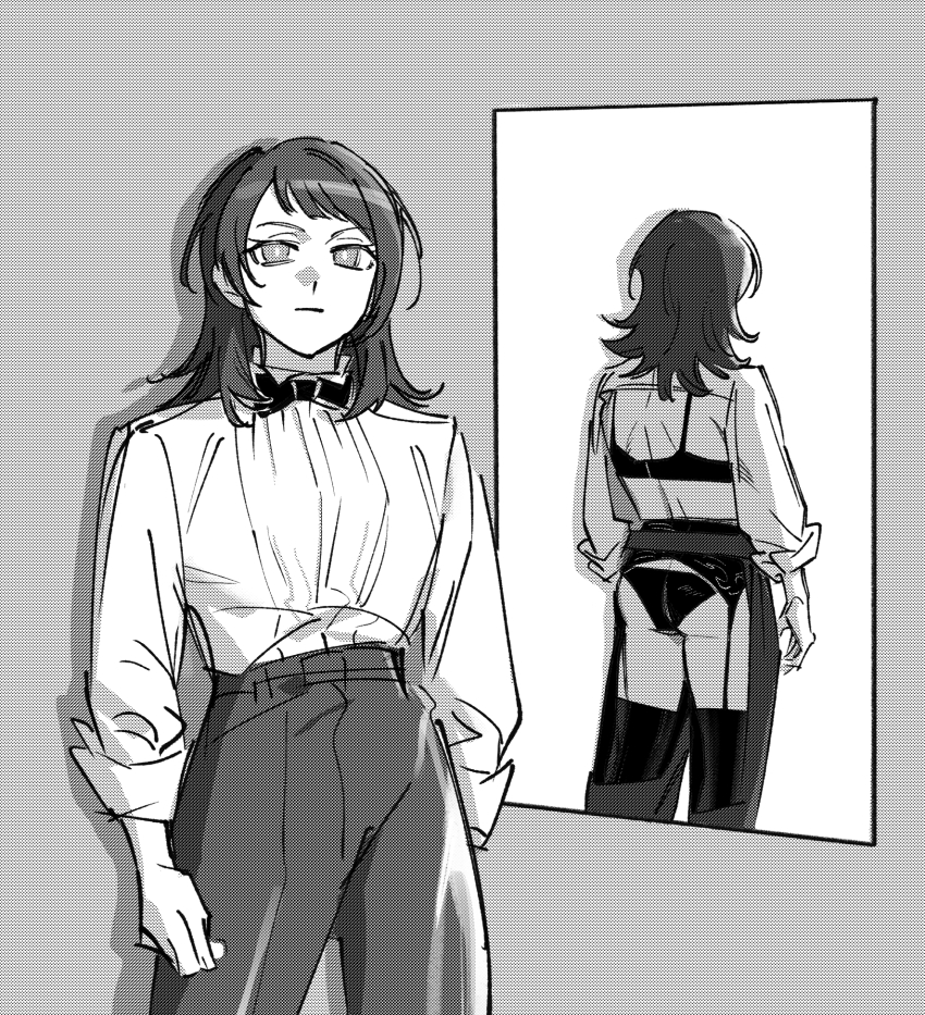 1girl, ass, back, back_view_in_reflection, backless_pants, backless_shirt, bang_dream!, bang_dream!_it's_mygo!!!!!