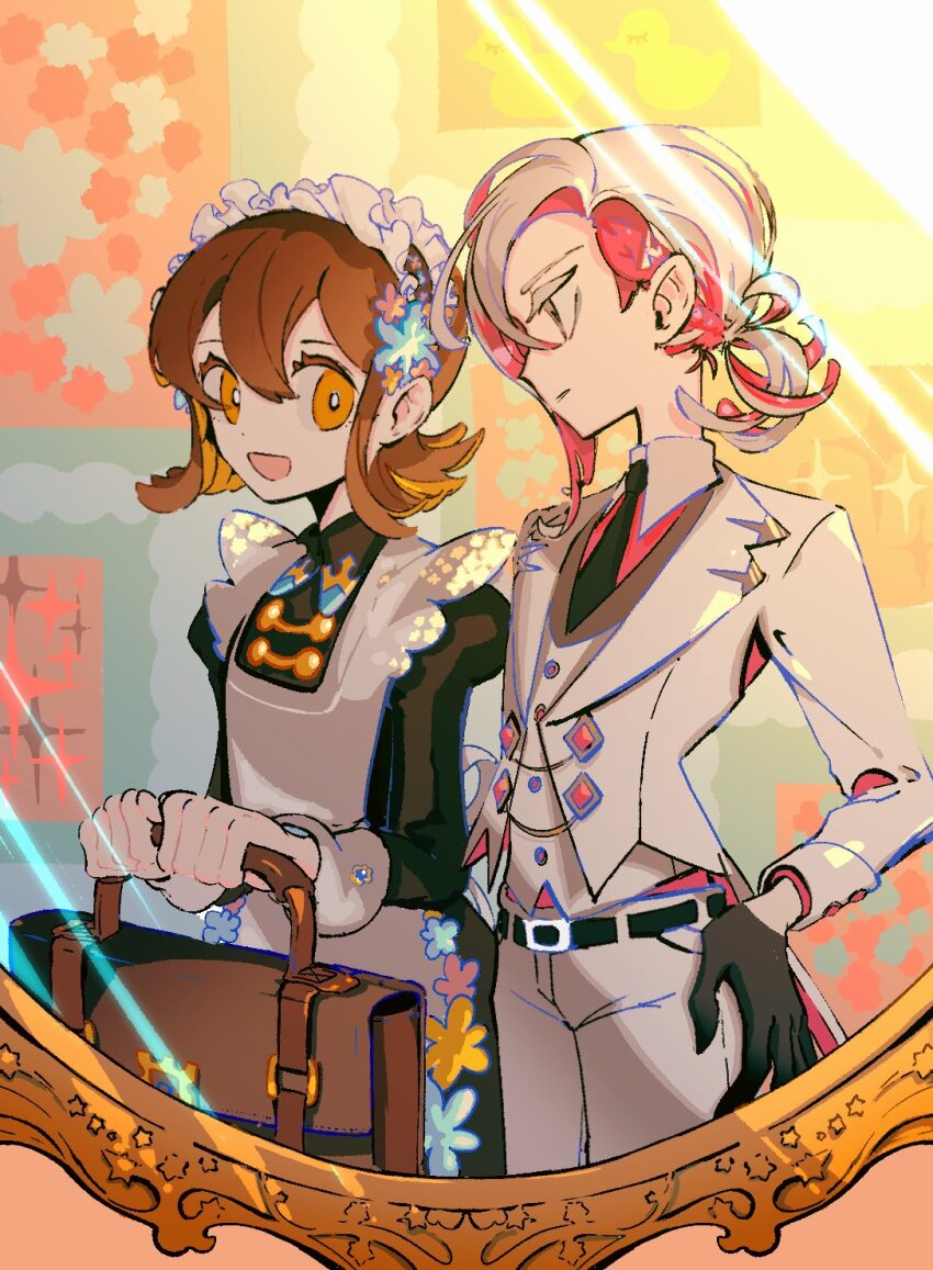 2girls, androgynous, aozukikawasemi, apron, belt, black_belt, black_dress, black_gloves, black_necktie, blazer, blue_flower, brown_bag, brown_hair, collar, collared_dress, collared_shirt, colored_inner_hair, commentary, dress, flower, formal_clothes, gloves, hair_flower, hair_ornament, hand_on_own_hip, highres, jacket, kettobashita_moufu_(zutomayo), long_sleeves, looking_at_another, maid, maid_apron, maid_headdress, multicolored_hair, multiple_girls, necktie, nira-chan, nira-chan_(kettobashita_moufu)_(zutomayo), nira-chan_(seigi)_(zutomayo), official_alternate_costume, official_alternate_hairstyle, open_clothes, open_jacket, open_mouth, orange_eyes, orange_hair, pants, pink_eyes, pink_hair, pink_shirt, seigi_(zutomayo), shirt, smile, suit, two-tone_hair, white_apron, white_collar, white_hair, white_jacket, white_pants, white_suit, zutto_mayonaka_de_ii_no_ni