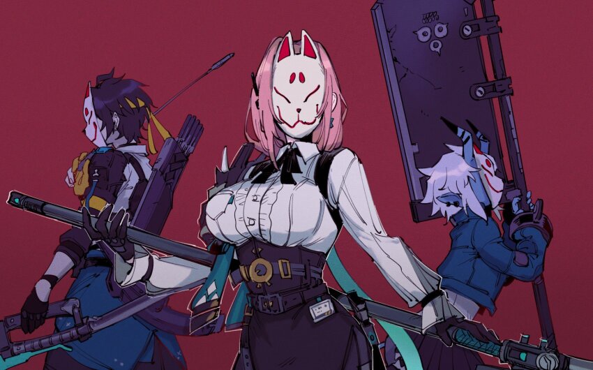 1boy, 2girls, arrow_(projectile), asaba_harumasa, asymmetrical_gloves, belt, black_gloves, black_hair