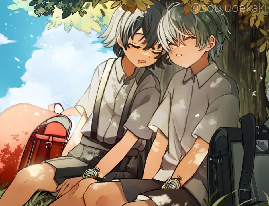 1boy, 1girl, aomiya_souju, backpack, bag, black_bag, black_hair, black_shorts