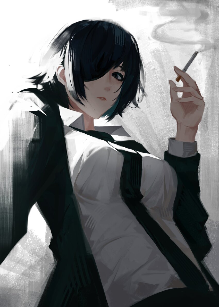 1girl, absurdres, black_eyes, black_hair, black_necktie, breasts, chainsaw_man, cigarette
