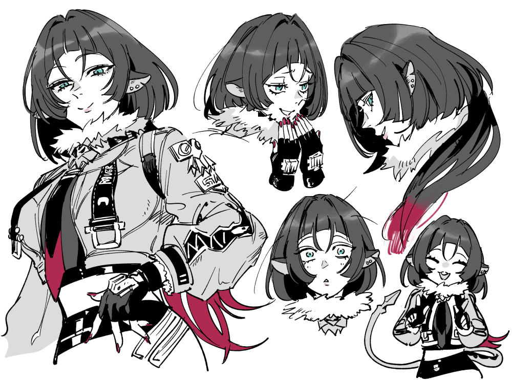 1girl, animal_ear_piercing, animal_ears, aqua_eyes, baba_(twitter:offnanoda), blunt_bangs, double_finger_gun, finger_gun