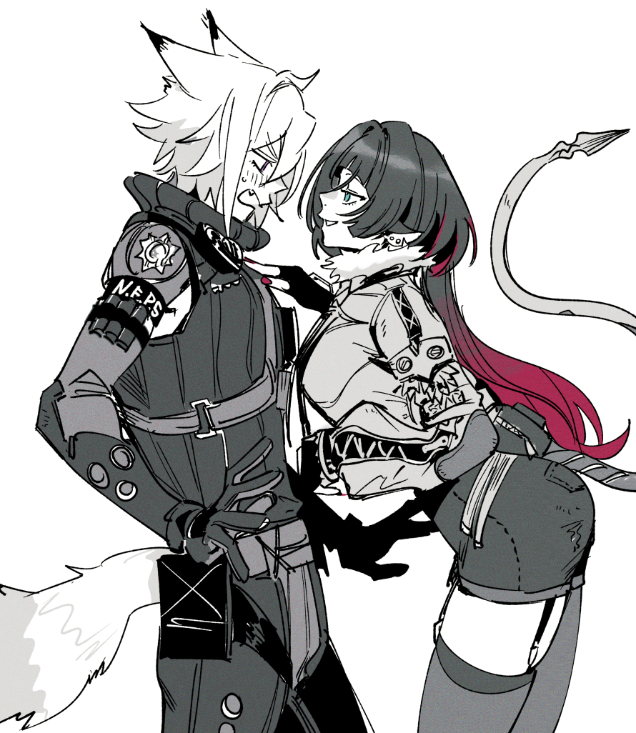 1boy, 1girl, animal_ear_piercing, animal_ears, black_hair, black_shorts, blush, cat_boy, cat_ears, cat_tail, fingerless_gloves, fur-trimmed_jacket, fur_trim, garter_straps, gloves, gradient_hair, green_eyes, greyscale, high-waist_shorts, jacket, jane_doe_(zenless_zone_zero), long_hair, looking_at_another, monochrome, mouse_ears, mouse_girl, mouse_tail, multicolored_hair, offnanoda, open_mouth, police, police_badge, police_uniform, policeman, red_hair, red_nails, seth_lowell, sharp_tail, shorts, simple_background, single_garter_strap, single_leg_pantyhose, single_thighhigh, smile, spot_color, sweat, tail, thighhighs, very_long_tail, white_background, wolf_cut, zenless_zone_zero