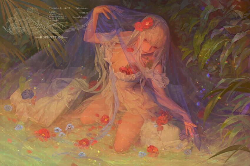 024_(1a41a4), 1girl, absurdres, artist_name, chinese_commentary, commentary, commission, coquelic_(blossom)_(path_to_nowhere), coquelic_(path_to_nowhere), dress, fascinator, flower, hair_flower, hair_ornament, highres, kneeling, long_hair, mihuashi_username, off-shoulder_dress, off_shoulder, path_to_nowhere, pixiv_id, plant, poppy_(flower), purple_flower, red_eyes, red_flower, solo, twitter_username, water, weibo_username, white_dress, white_hair