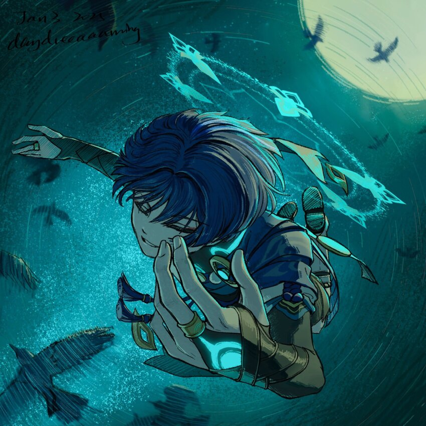 1boy, arm_up, armor, artist_name, bird, black_bodysuit, black_bridal_gauntlets, black_footwear