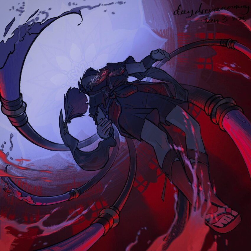 1boy, armor, arms_at_sides, artist_name, black_hair, black_kimono, black_leggings, black_shorts