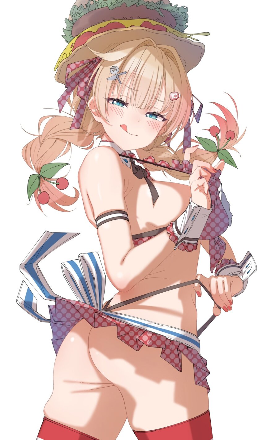 1girl, akai_haato, akai_haato_(waitress), ass, bare_shoulders, bikini, blue_eyes, blush, braid, breasts, cherry_hair_ornament, food-themed_hair_ornament, fork_hair_ornament, hair_ornament, hamburger_hat, highres, hololive, large_breasts, licking_lips, long_hair, looking_at_viewer, low_twin_braids, microskirt, nail_polish, red_bikini, red_skirt, red_thighhighs, shinomu_(cinomoon), skirt, smile, solo, swimsuit, thighhighs, thighs, tongue, tongue_out, twin_braids, virtual_youtuber, wrist_cuffs