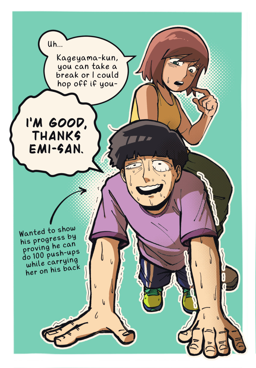 1boy, 1girl, aqua_background, black_hair, bowl_cut, brown_hair, emi_(mob_psycho_100), english_text