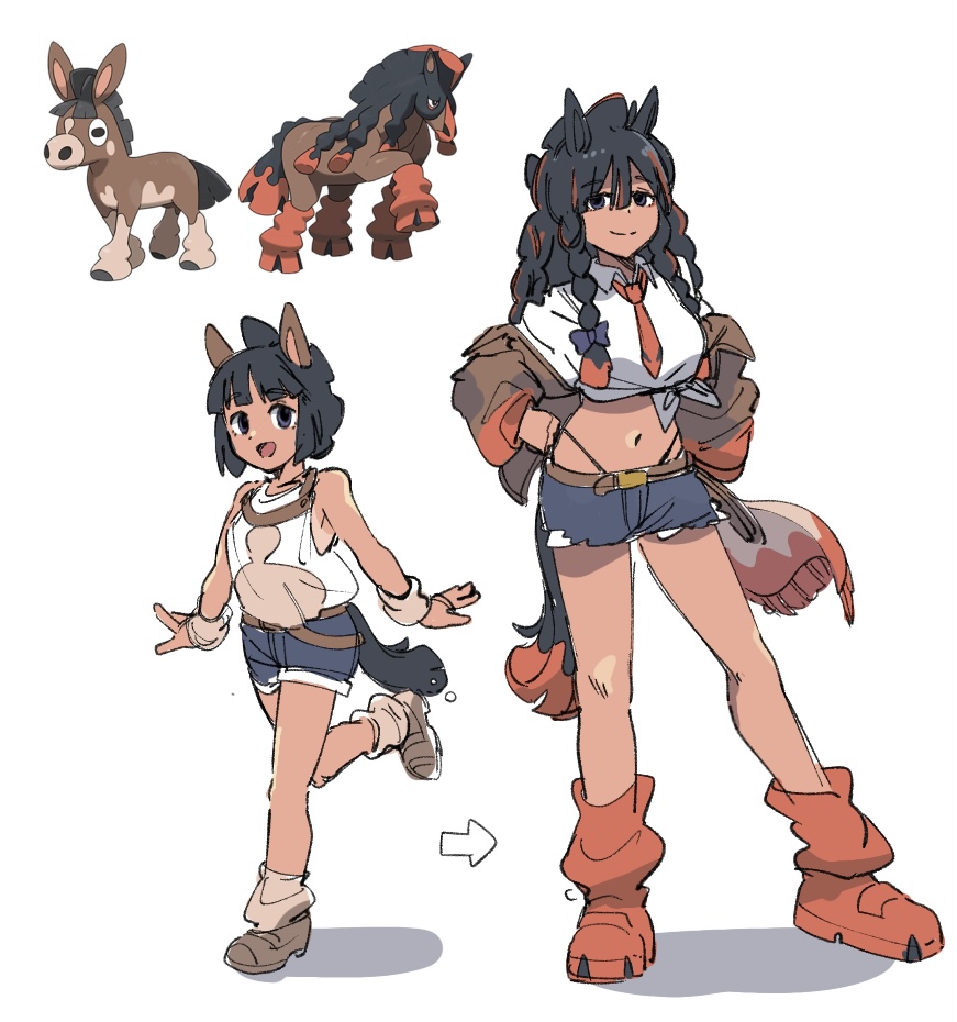 2girls, :d, animal_ears, arrow_(symbol), belt, belt_buckle, black_hair, braid