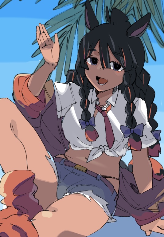 1girl, :d, animal_ears, arm_support, belt, belt_buckle, black_hair, blue_background