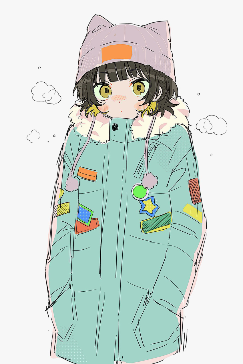 1boy, animal_ear_headwear, aqua_coat, bachira_meguru, beanie, blonde_hair, blue_lock, blush