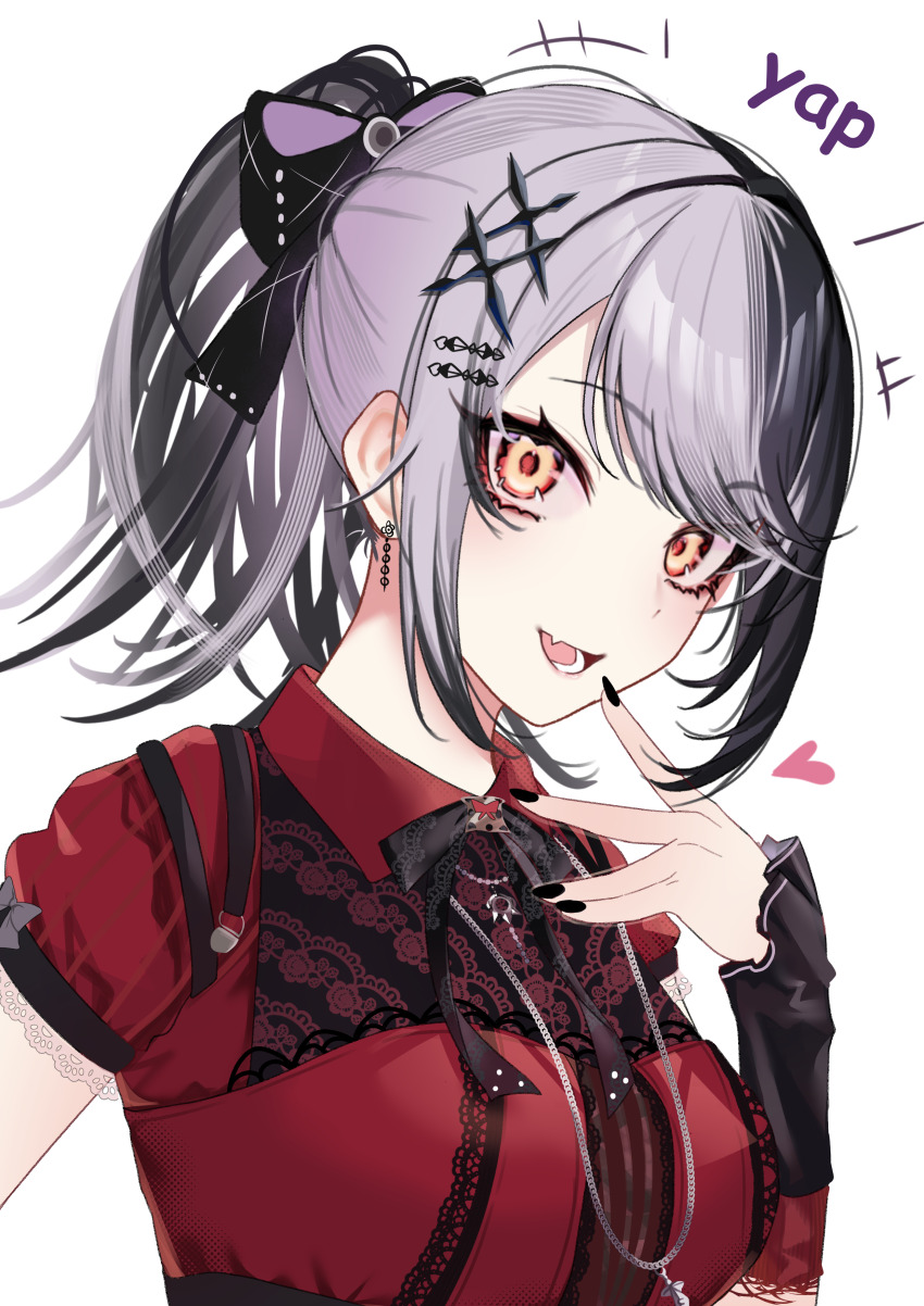 1girl, absurdres, black_bow, black_hair, black_nails, black_sleeves, blush, bow, breasts, collared_dress, commentary, detached_sleeves, dress, earrings, english_commentary, fang, fingernails, grey_background, grey_hair, hair_bow, hair_ornament, hairclip, higeji_(higeji404), highres, hololive, hololive_english, jewelry, kayahara_(style), lace, lace-trimmed_dress, lace_trim, large_breasts, looking_at_viewer, nail_polish, official_alternate_costume, official_alternate_hairstyle, open_mouth, ponytail, red_dress, red_sleeves, sanpaku, shiori_novella, shiori_novella_(casual), simple_background, skin_fang, sleeves_past_wrists, smile, solo, swept_bangs, teeth, virtual_youtuber, yellow_eyes
