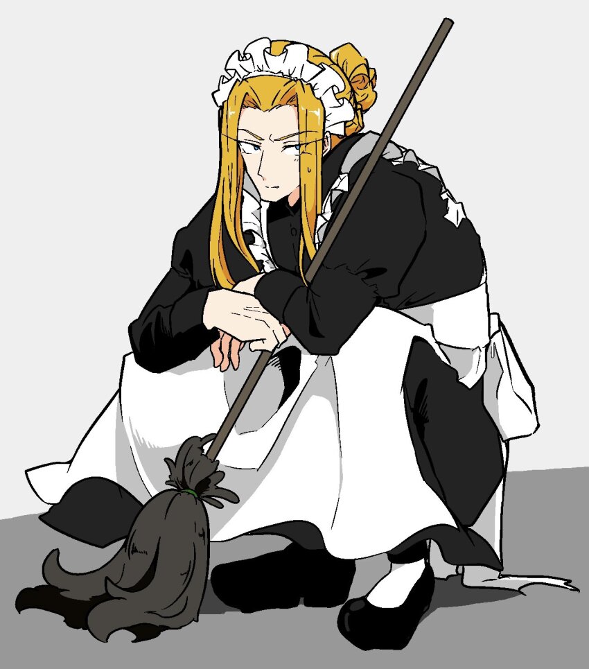 1boy, alternate_costume, apron, black_dress, black_footwear, broom, crossdressing, crossdressing_(mtf)