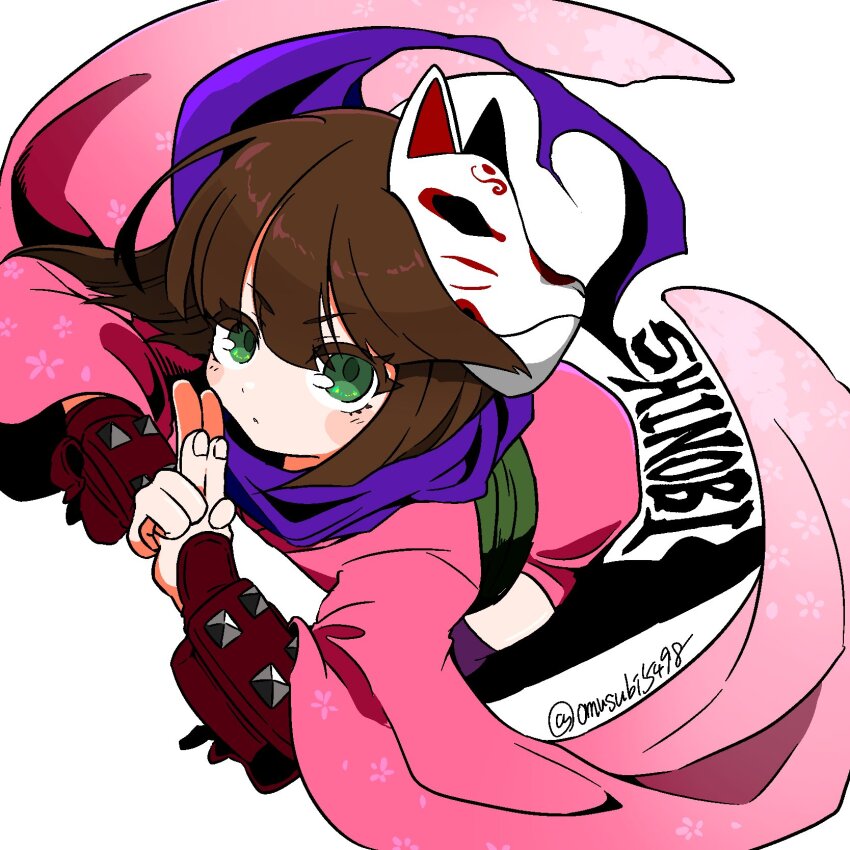 1girl, bracer, etrian_odyssey, fox_mask, from_above, green_eyes, highres, japanese_clothes