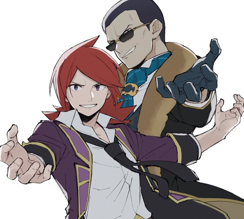 2boys, black_hair, black_necktie, collared_shirt, commentary_request, cowlick, father_and_child, father_and_son